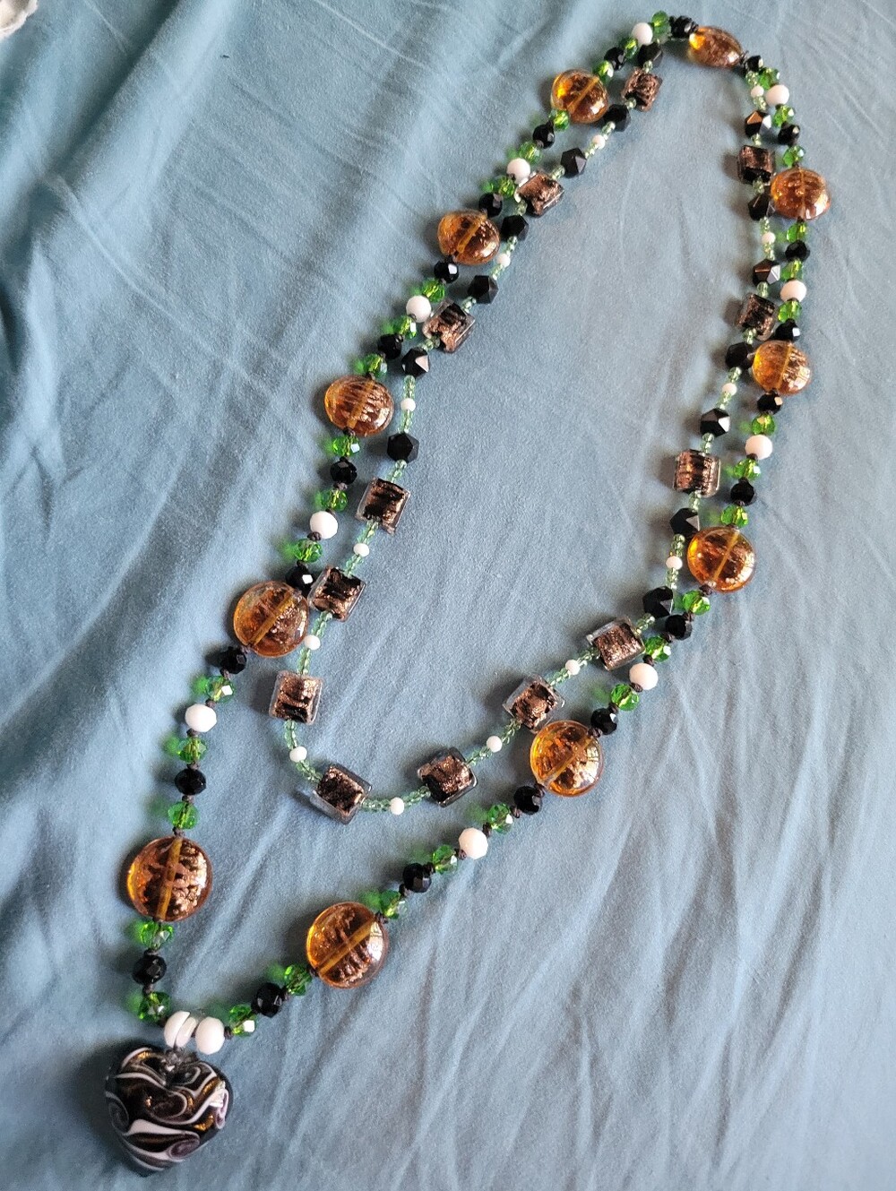 Handcrafted Amber Colored & Green Beaded Heart Pendant Necklace